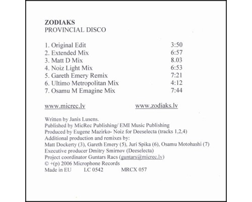 Zodiac - Provincial Disco (Remixes)